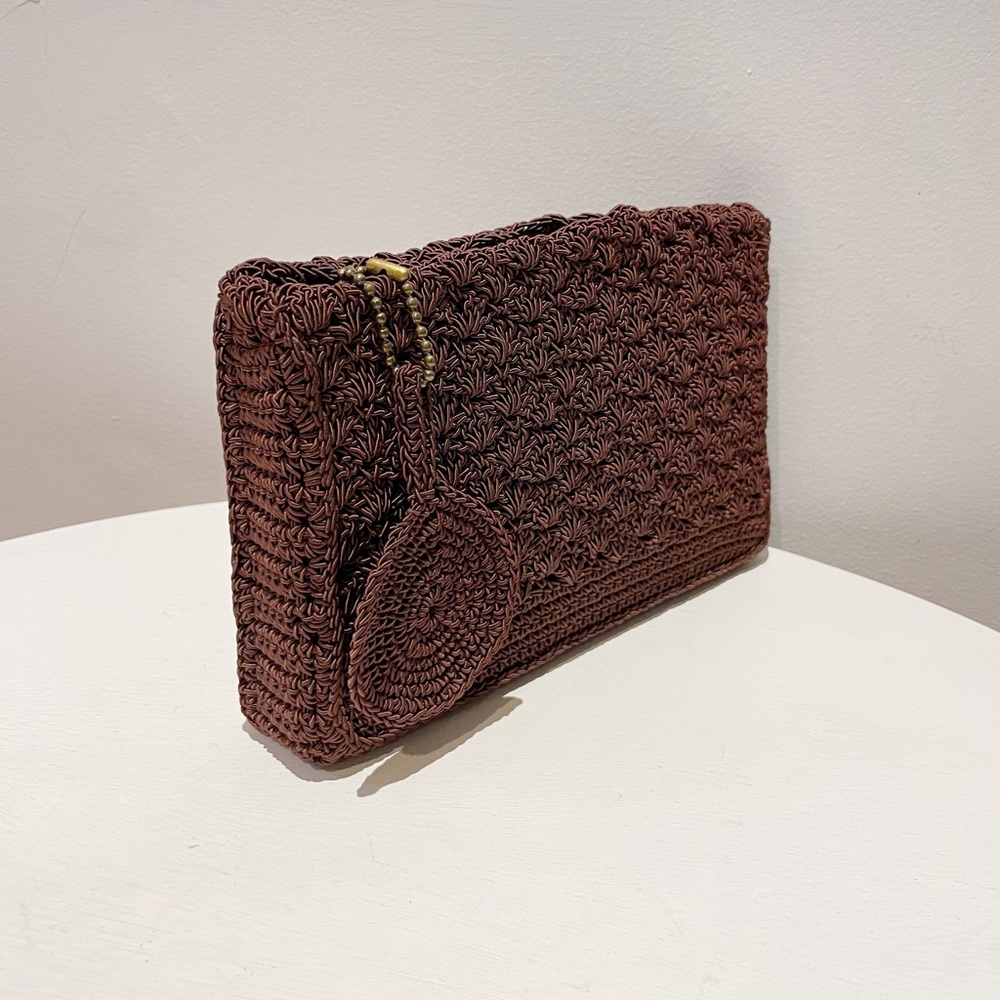 Vintage 40s Brown Corde Box Shaped Clutch w/Key Chain and Large Circular Tassel